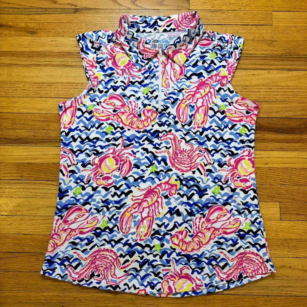 IBKUL Womens Medium Sleeveless Polo Shirt Lobster Crab Nautical UPF 50 Golf Top